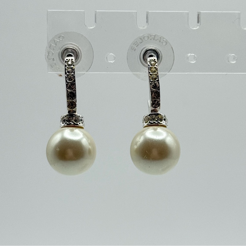 Vintage Carolee Silver Tone Rhinestone Studded Simulated Pearl Earrings